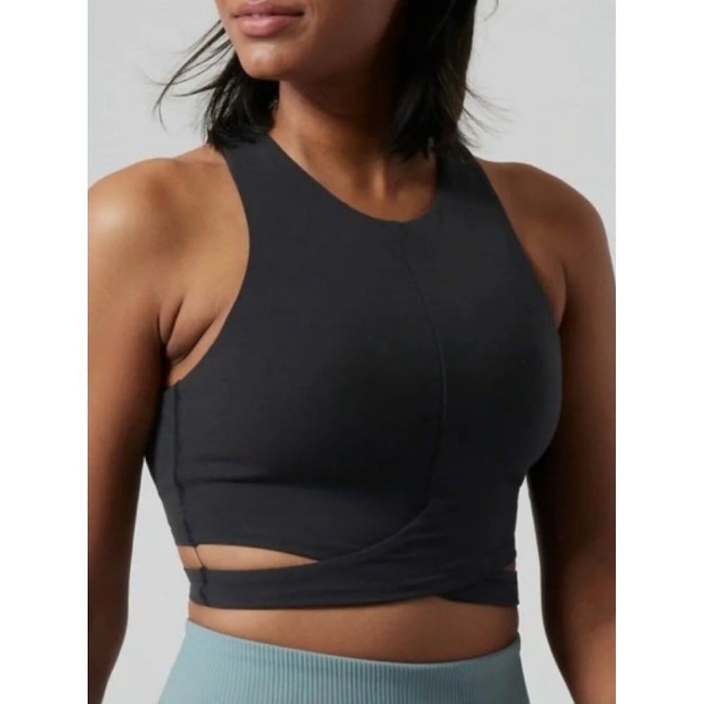 Athleta Womens Black High Neck Wrap Cutout Keyhole Back Crop Top Size Large